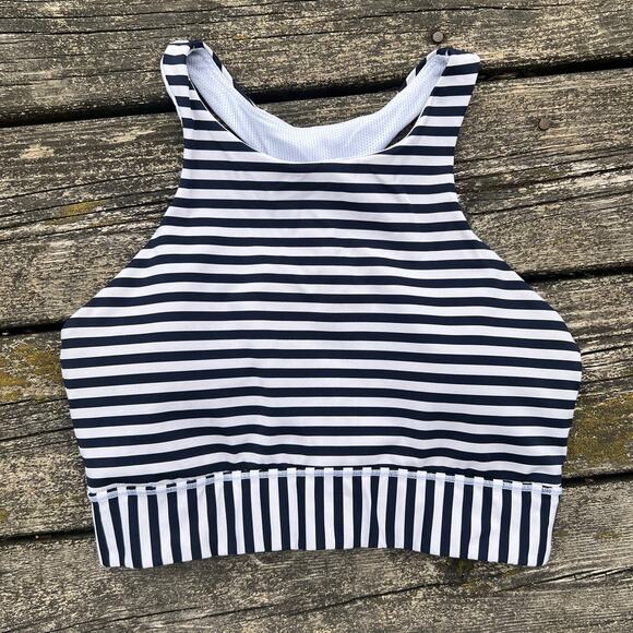Athleta High Moon Sports Bra, Navy Stripes Size Small - Picture 1 of 7